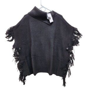 Giuliana Womens Sweater Fringe Turtleneck Poncho  Black Size S NEW NWT